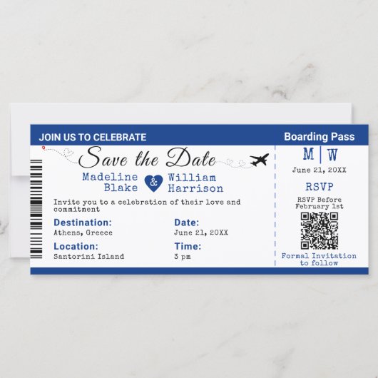 Santorini Skies Boarding Pass Style Save the Date (Vorderseite)