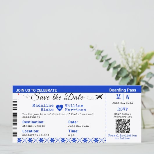 Santorini Skies Boarding Pass Style Save the Date (Stehend Vorderseite)