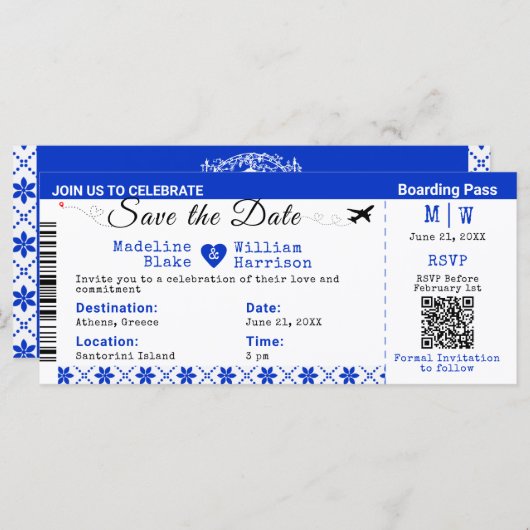Santorini Skies Boarding Pass Style Save the Date (Vorne/Hinten)