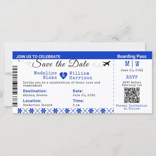 Santorini Skies Boarding Pass Style Save the Date (Vorderseite)