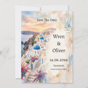 Santorini-Sonnenuntergang-Aquarell-Karte zur Hochz Save The Date