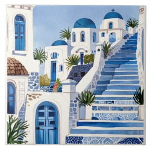 Santorini Steps, Griechenland Blue Watercolor Grie Fliese