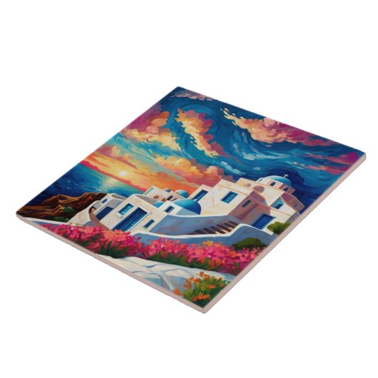 Santorini Sunset, Griechenland - Hot Pink Blume Gr Fliese (Seite)