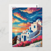 Santorini Sunset, Griechenland - Hot Pink Blume Gr Postkarte (Vorne/Hinten)