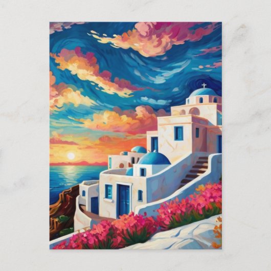 Santorini Sunset, Griechenland - Hot Pink Blume Gr Postkarte (Vorderseite)