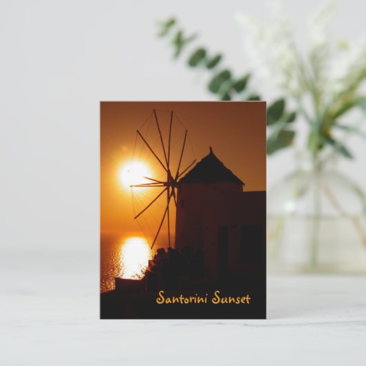 Santorini Sunset mit Text - Windmill in Oia - Postkarte (Stehend Vorderseite)