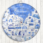 Santorini Wasserfarbe Personalisiert Dartscheibe<br><div class="desc">Aquarellblaue und weiße Malerei basierend auf Oia auf der griechischen Insel Santorini. Ändern oder entfernen Sie den Namen zu personalisieren.</div>