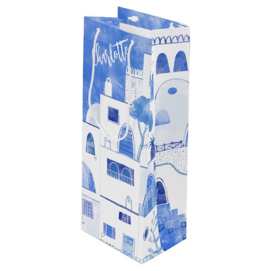 Santorini Wasserfarbe Personalisiert Geschenktüte Für Weinflaschen (Vorderseite Schrägansicht)