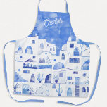 Santorini Wasserfarbe Personalisiert Schürze<br><div class="desc">Aquarellblaue und weiße Malerei basierend auf Oia auf der griechischen Insel Santorini. Ändern Sie den Namen,  um ihn zu personalisieren.</div>