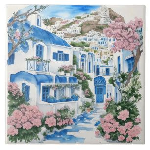 Santorini Wasserfarbenhäuser & Pink-Blume Fliese