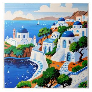 Santorini Wasserfarbenmalerei Kunst - Griechische  Fliese
