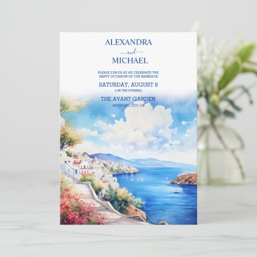 Santorini Wedding Einladung (Stehend Vorderseite)