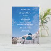 Santorini Zielort Brautparty Einladung (Stehend Vorderseite)
