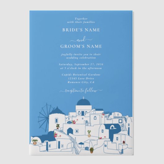 Santorini Zielort Griechische Insel Hochzeit Pergament Einladungen (Vorderseite)