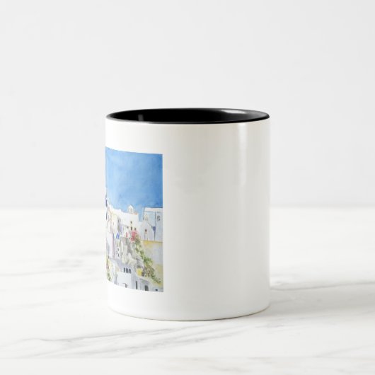 Santoroni Griechenland Aquarellmalerei Zweifarbige Tasse (Mittel)