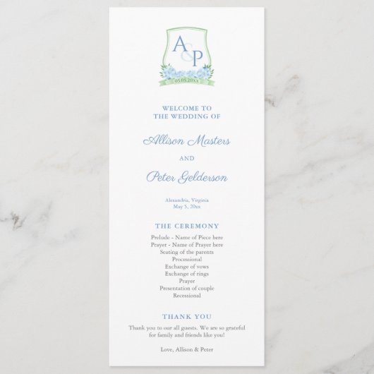 Sap Green Blue Hydrangea Monogram Wedding Program Programm (Vorderseite)