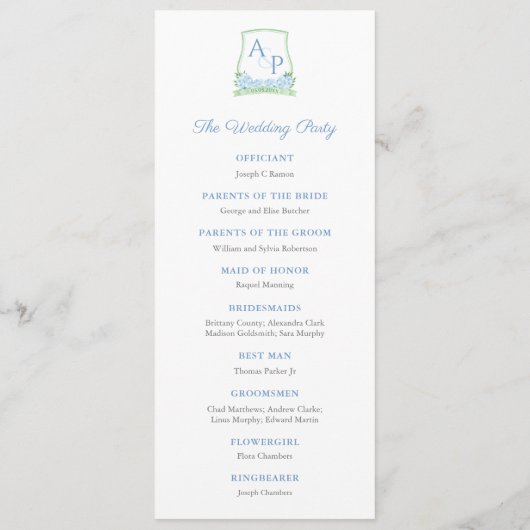 Sap Green Blue Hydrangea Monogram Wedding Program Programm (Rückseite)