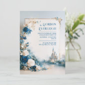 Saphir-Blumen-Schloss-Hochzeit Einladung (Stehend Vorderseite)