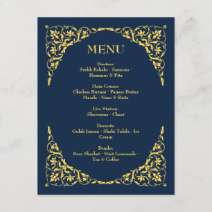 Saphir-Grace Royalblau und Gold Hochzeitsmenü Begleitkarte