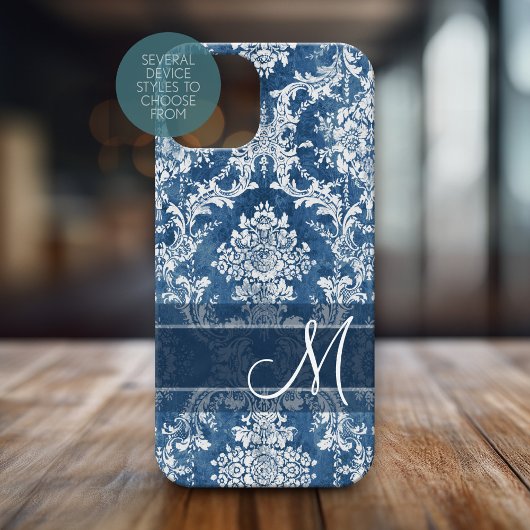 Saphir-Grunge-Damask-Muster mit Monogramm Case-Mate iPhone Hülle