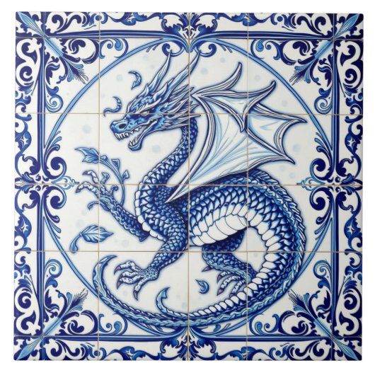 Saphir-Mond-Drache-Kachel Fliese (Vorderseite)