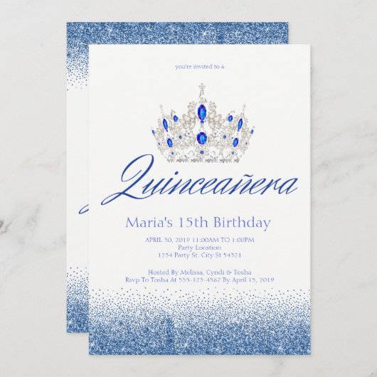 Saphir u. Diamant Quinceañera Einladungen (Vorne/Hinten)