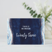 Saphirblaue Achat-Geoden-Hochzeit-Tischnummern Einladung (Stehend Vorderseite)