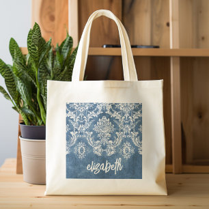 Saphirblaues Vintage-Damaskmuster und Name Jumbo Stoffbeutel