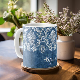 Saphirblaues Vintage-Damaskmuster und Name Kaffeetasse