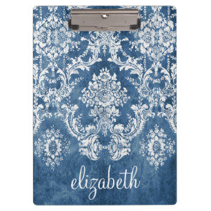 Saphirblaues Vintage-Damaskmuster und Name Klemmbrett