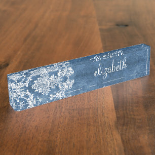 Saphirblaues Vintage-Damaskusmuster und Name Namensplakette