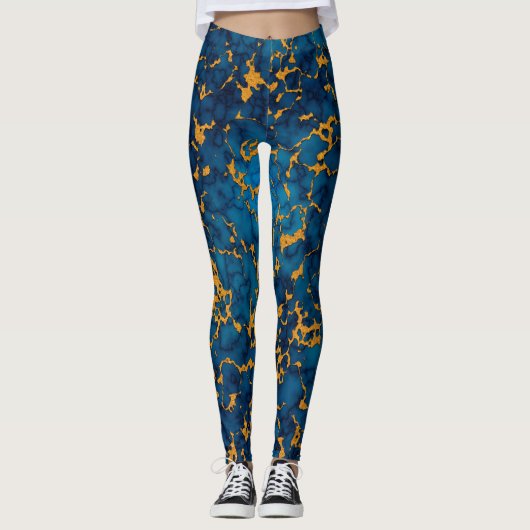 Saphire Blue and Gold Marmor Texture Design Leggings (Vorderseite)
