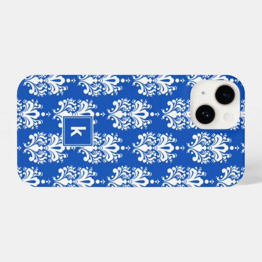 Saphire Blue Damask Muster Monogram iPhone Hülle (Rückseite (Horizontal))