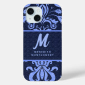Saphire Blue Damask Wirbel mit Monogramm Case-Mate iPhone Hülle (Rückseite)