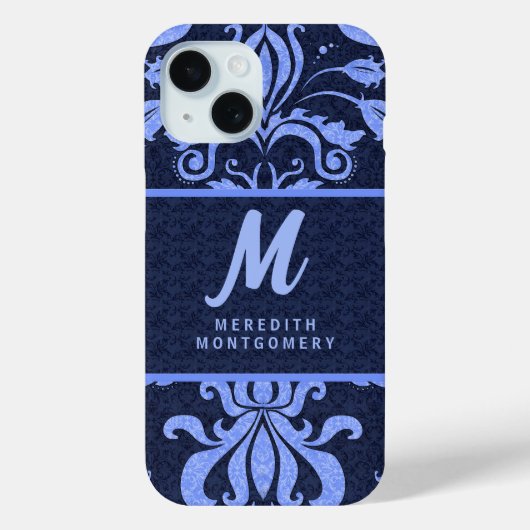 Saphire Blue Damask Wirbel mit Monogramm Case-Mate iPhone Hülle (Rückseite)