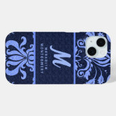 Saphire Blue Damask Wirbel mit Monogramm Case-Mate iPhone Hülle (Rückseite (Horizontal))
