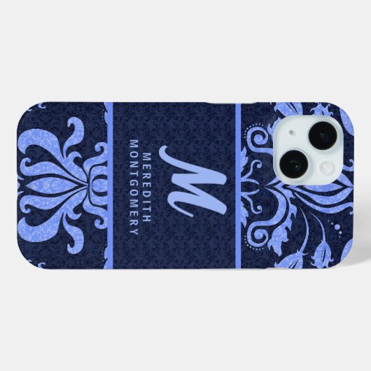 Saphire Blue Damask Wirbel mit Monogramm Case-Mate iPhone Hülle (Rückseite (Horizontal))
