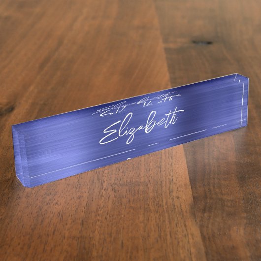 Saphire Blue Foil Modern Brush Script Namensplakette (Seite)