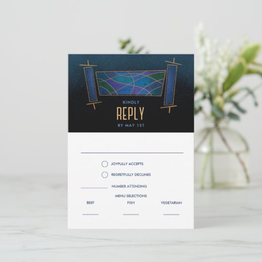 Saphire Blue Mosaic Torah Scroll Response Card Einladung (Stehend Vorderseite)