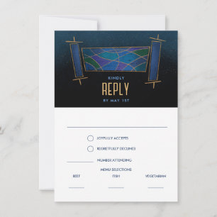 Saphire Blue Mosaic Torah Scroll Response Card Einladung