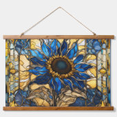 Saphire Blue N Gold gefestigte Glasblässe Sonnenbl Wandteppich Mit Holzrahmen (Vorne)