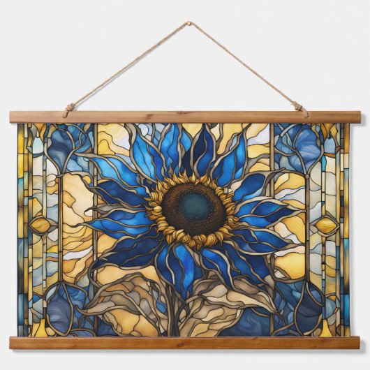 Saphire Blue N Gold gefestigte Glasblässe Sonnenbl Wandteppich Mit Holzrahmen (Vorne)