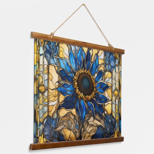 Saphire Blue N Gold gefestigte Glasblässe Sonnenbl Wandteppich Mit Holzrahmen (Gewinkelt)