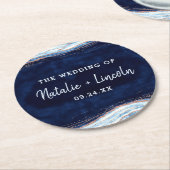 Saphire Blue Rose Gold Geode Agate Slice Monogram Runder Pappuntersetzer (Angewinkelt)