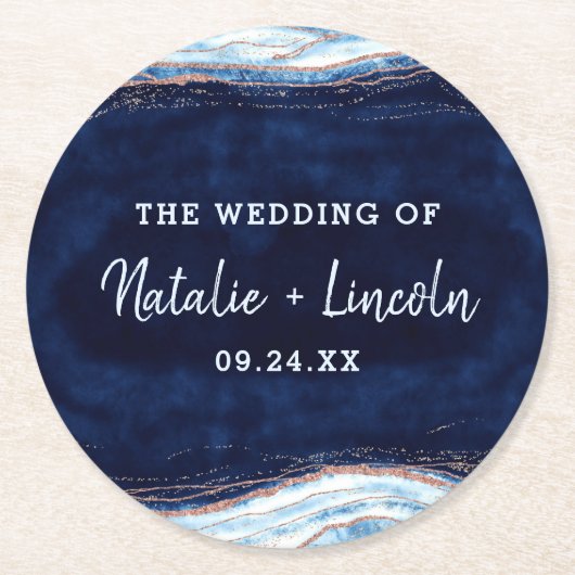 Saphire Blue Rose Gold Geode Agate Slice Monogram Runder Pappuntersetzer (Vorderseite)