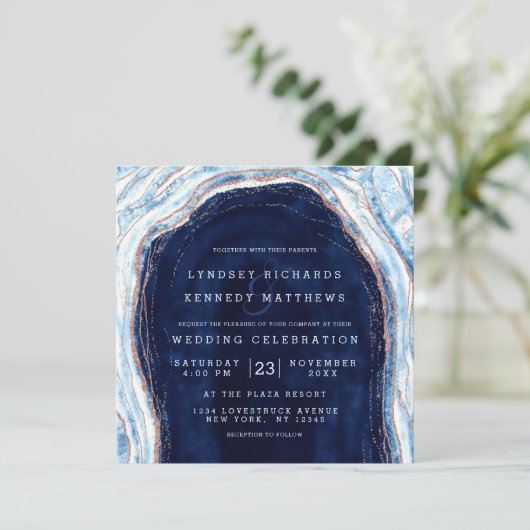 Saphire Blue Rose Gold Geode Slice Wedding Square Einladung (Stehend Vorderseite)