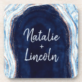 Saphire Blue Rose Gold Geode Wedding Monogram Getränkeuntersetzer (Vorderseite)