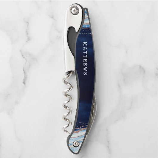 Saphire Blue Rose Gold Geode Wedding Monogram Kellnermesser (Vorderseite)