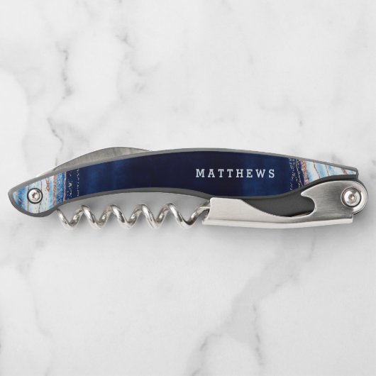 Saphire Blue Rose Gold Geode Wedding Monogram Kellnermesser (Rückseite)