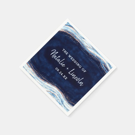 Saphire Blue Rose Gold Geode Wedding Monogram Serviette (Ecke)